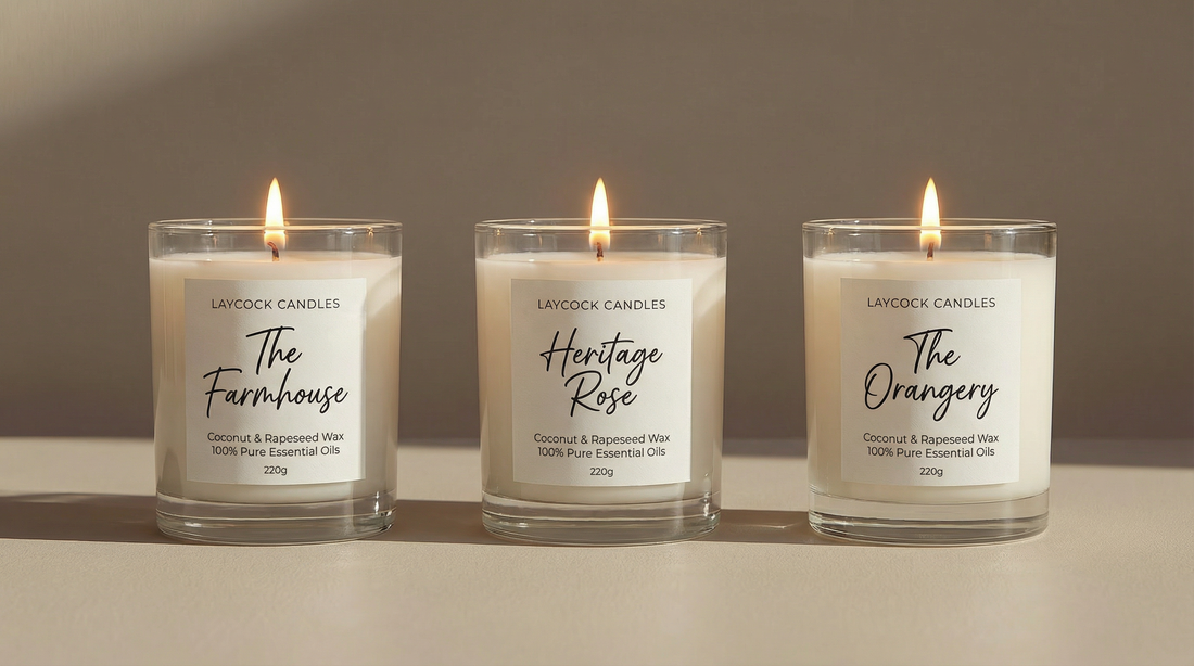 Three Laycock Candles luxury candles — The Farmhouse, Heritage Rose and The Orangery — hand poured in Yorkshire using coconut and rapeseed wax and 100% pure essential oils