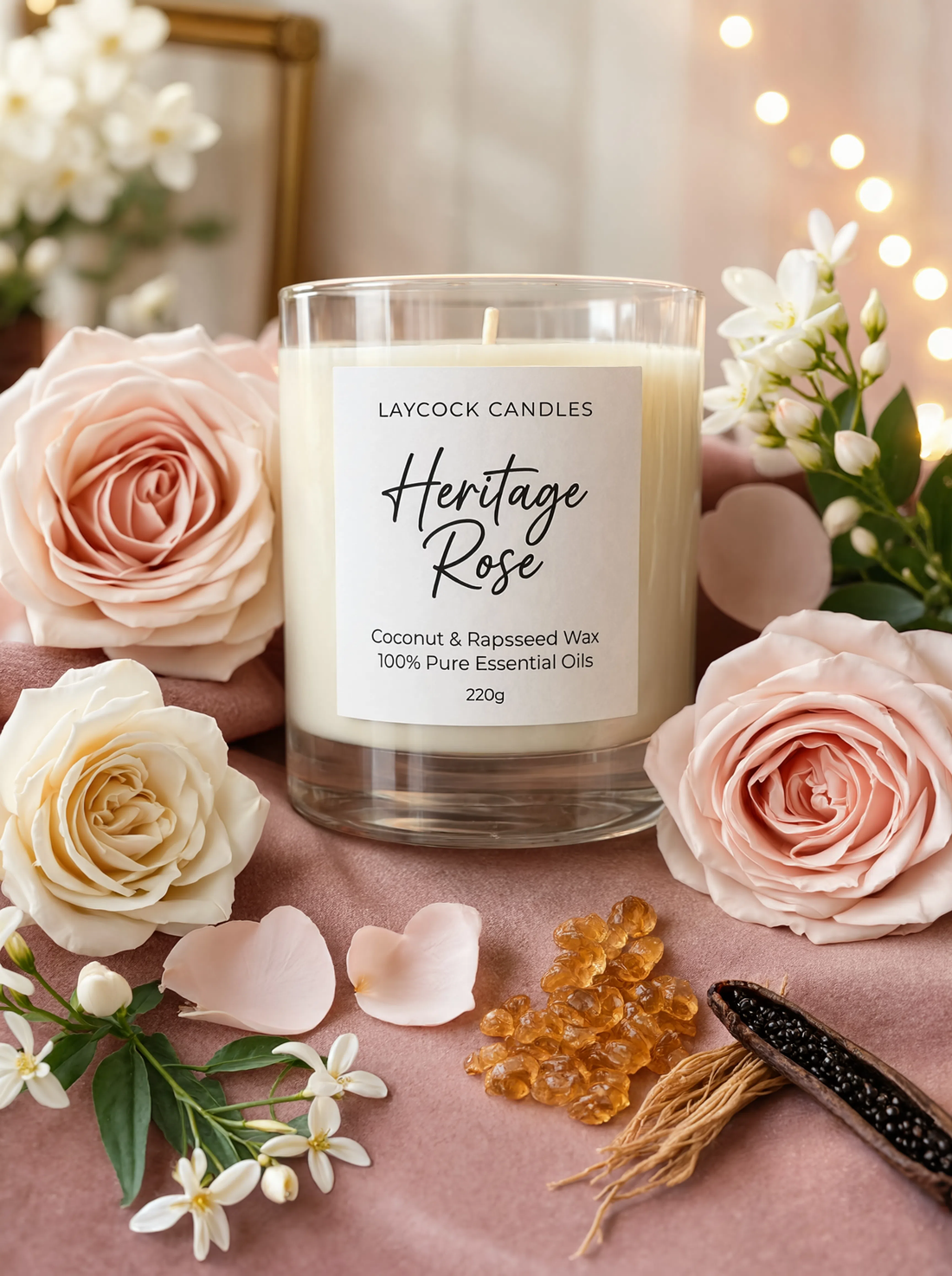 Heritage Rose Essential Oil Luxury Candle by Laycock Candles, hand poured in Yorkshire for a relaxing home atmosphere