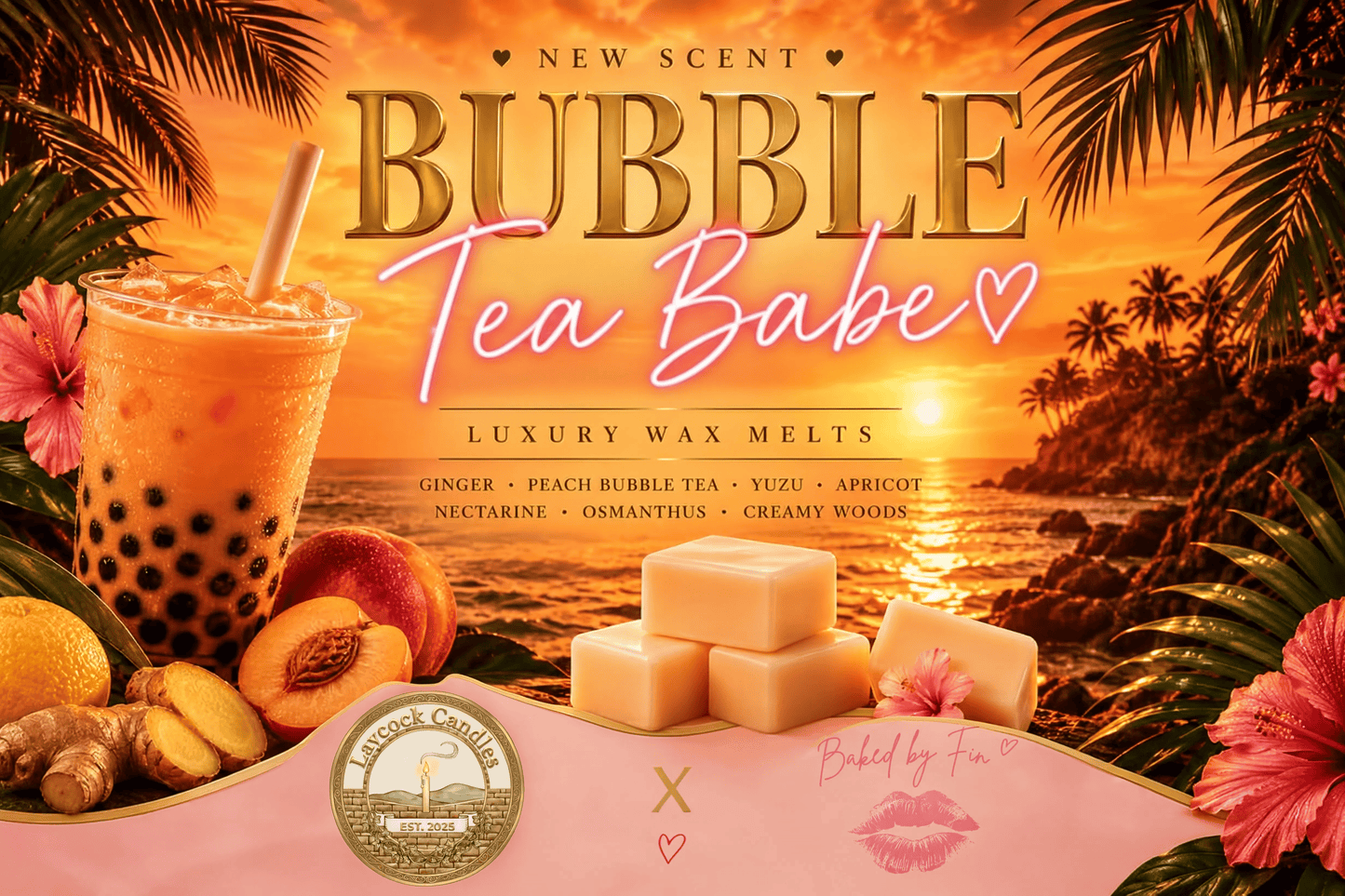 Baked By Fin x Laycock Candles collection BUBBLE TEA BABE  Luxury wax melts