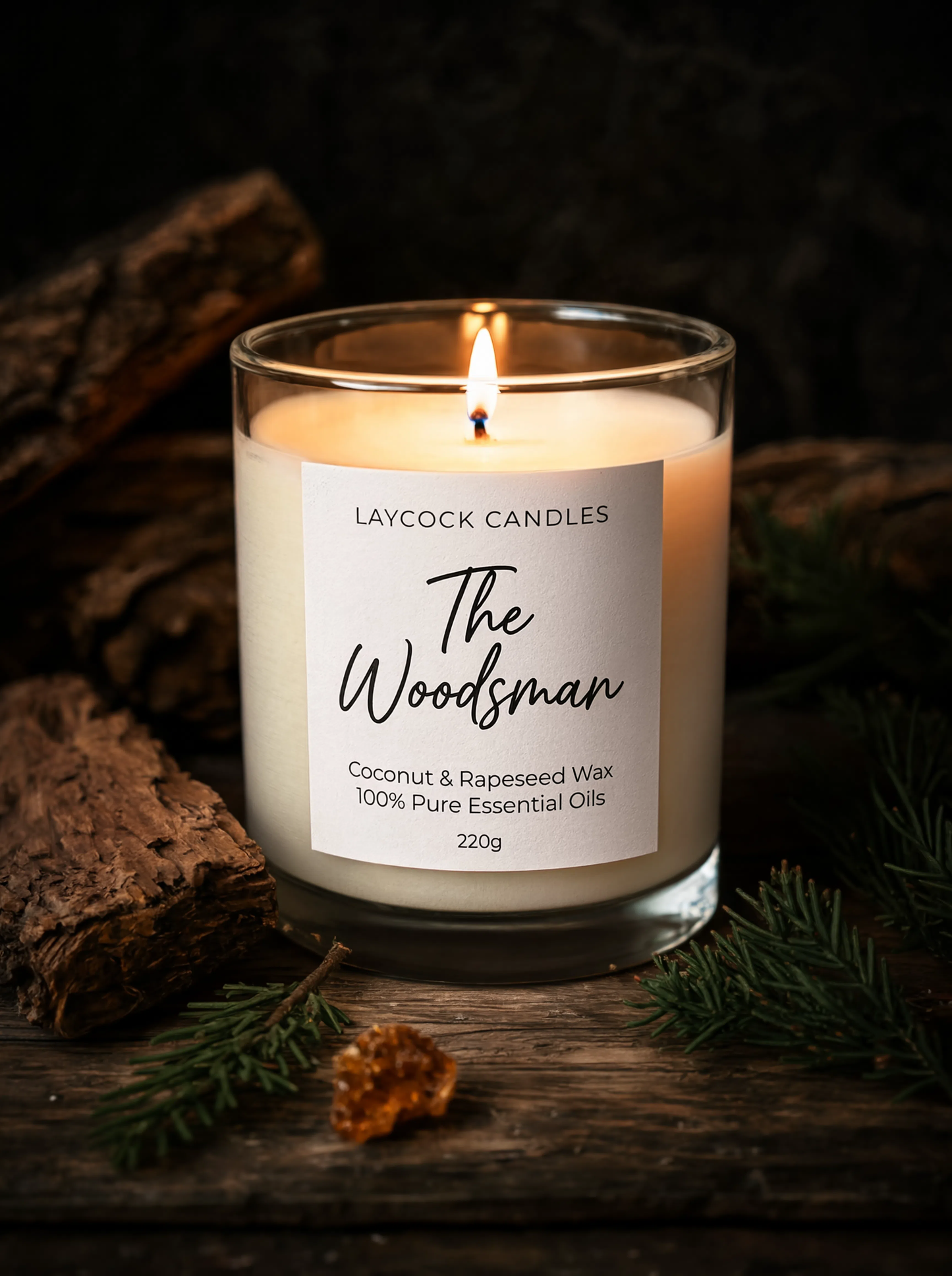 The Woodsman Essential Oil Luxury Candle | Amber Woody | 220g | Coconut and Rapeseed Wax