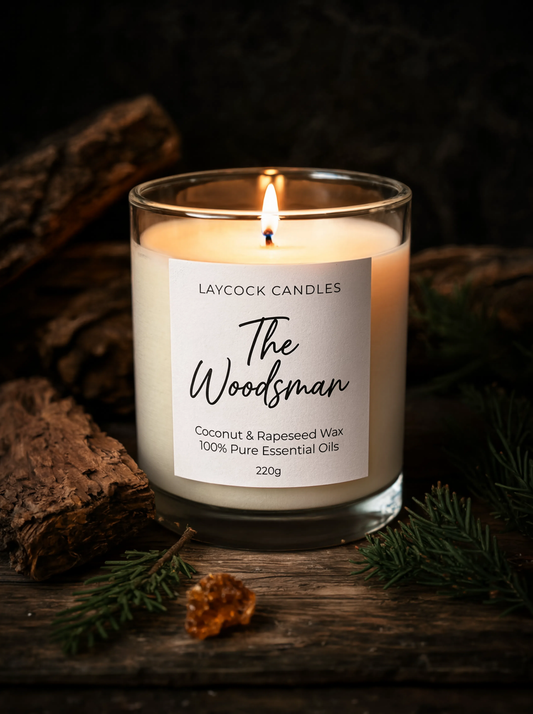 The Woodsman Essential Oil Luxury Candle | Amber Woody | 220g | Coconut and Rapeseed Wax